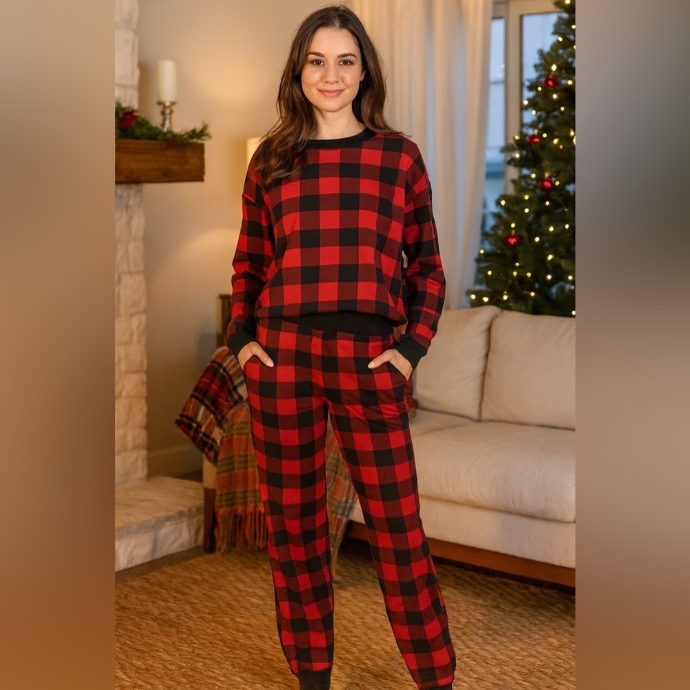 XLarge Buffalo Plaid Soft Crewneck Fleece Sweatshirt & Sweatpants Set NEW